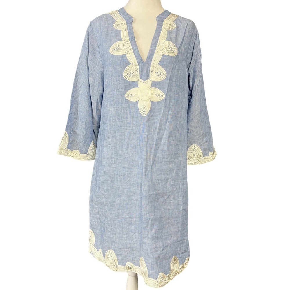 Boden Kaftan Dress Womens 8 Tall Blue Linen Embroidered Shift V Neck Boho W0780